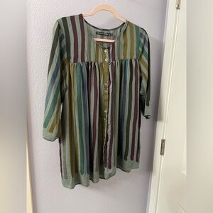 Gudrun Sjoden Button-Front Striped Peasant Tunic - Green Multi